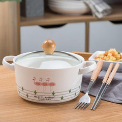 OUSSIRRO Flamingos Cartoon Creative instant Noodles Bowl With lid Ceramic Bowl Cute Student Job Bowl Soup Bowl - waseeh.com