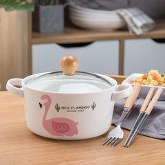 OUSSIRRO Flamingos Cartoon Creative instant Noodles Bowl With lid Ceramic Bowl Cute Student Job Bowl Soup Bowl - waseeh.com