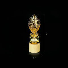 Leaf Metal Golden Candle Stand with Wooden Bases & Glass Pot - waseeh.com