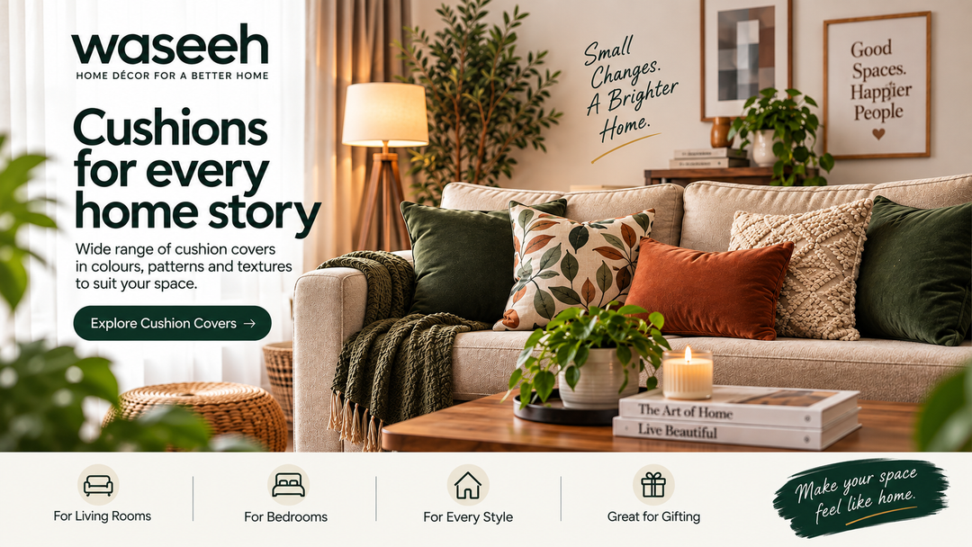 Sofa styled with patterned and plain cushion covers