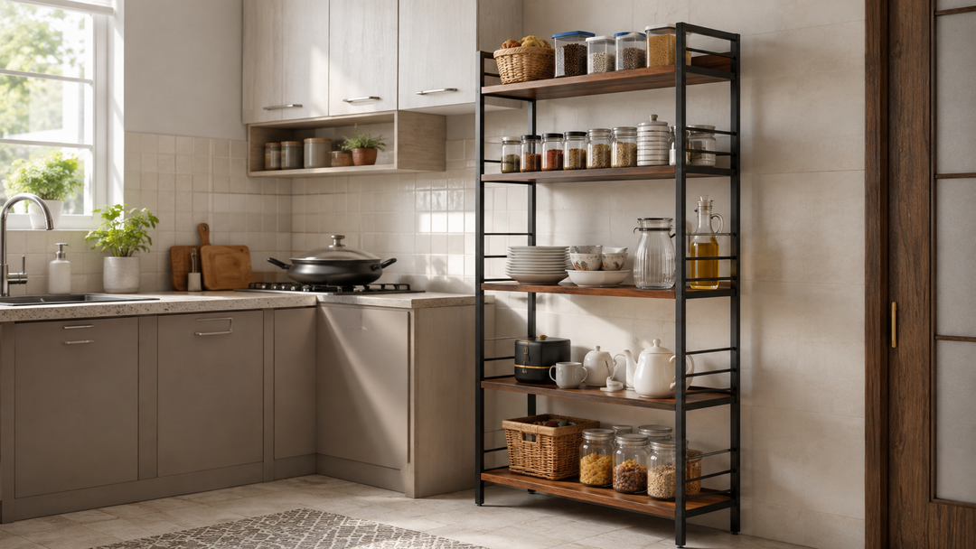 Multi-tier kitchen storage rack with crockery, jars and dry goods in a small kitchen