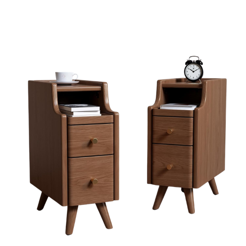 Two walnut bedside tables with open shelf, two drawers and tapered wooden legs