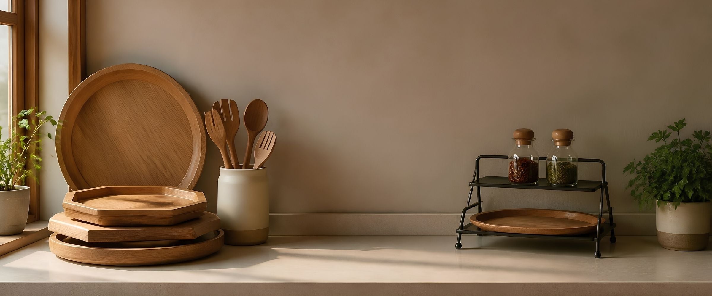 Stacked wooden serving trays, a ceramic crock of wooden utensils and a two-tier serving rack on a kitchen counter