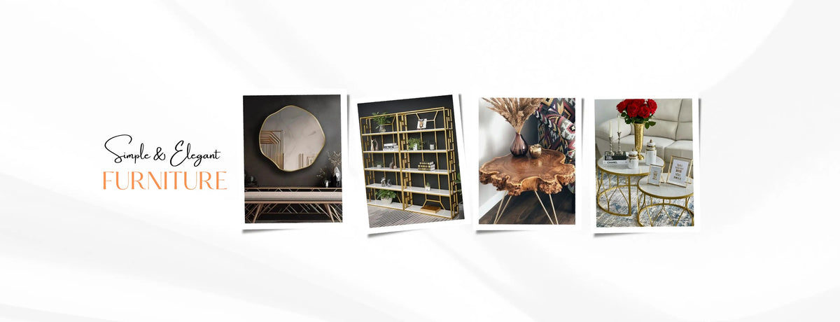 Four framed photographs of furniture: a round wall mirror, gold shelving unit, live-edge wooden table and marble-top nesting tables