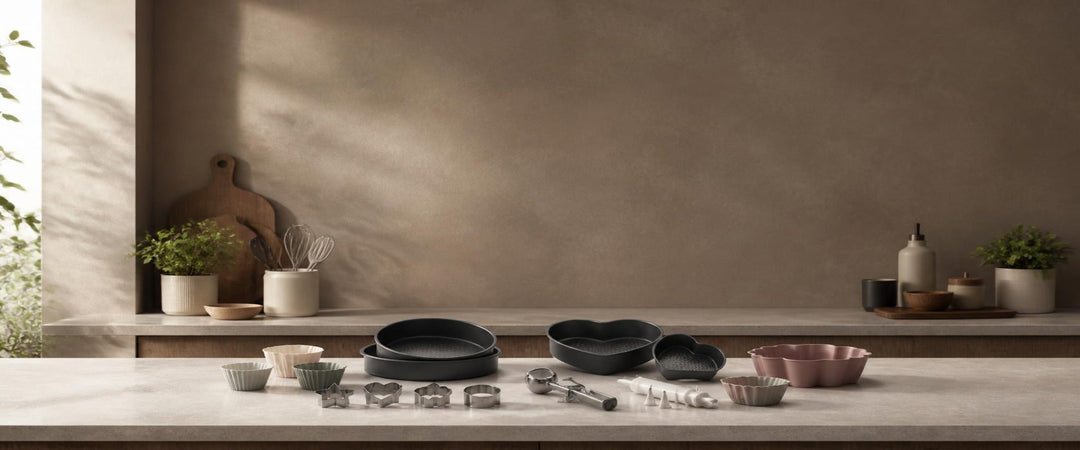 Cake pans, baking moulds and decorating tools on a modern kitchen counter