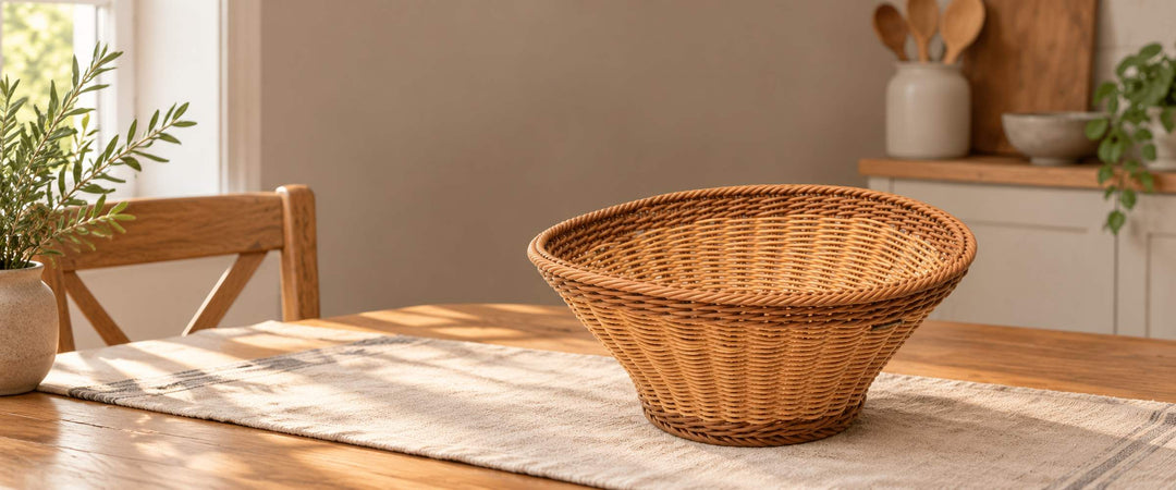 Large oval brown braided kitchen basket on a wooden dining table in natural daylight