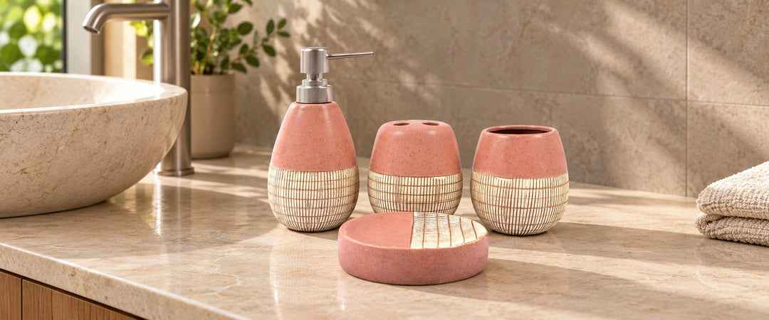 Pink and cream four-piece Sweetie bathroom accessory set with silver pump on a sunlit stone vanity