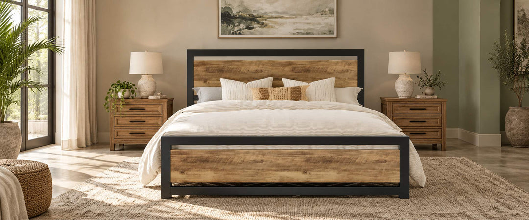 Wood and black metal Marilee platform bed with cream bedding in a naturally lit neutral bedroom