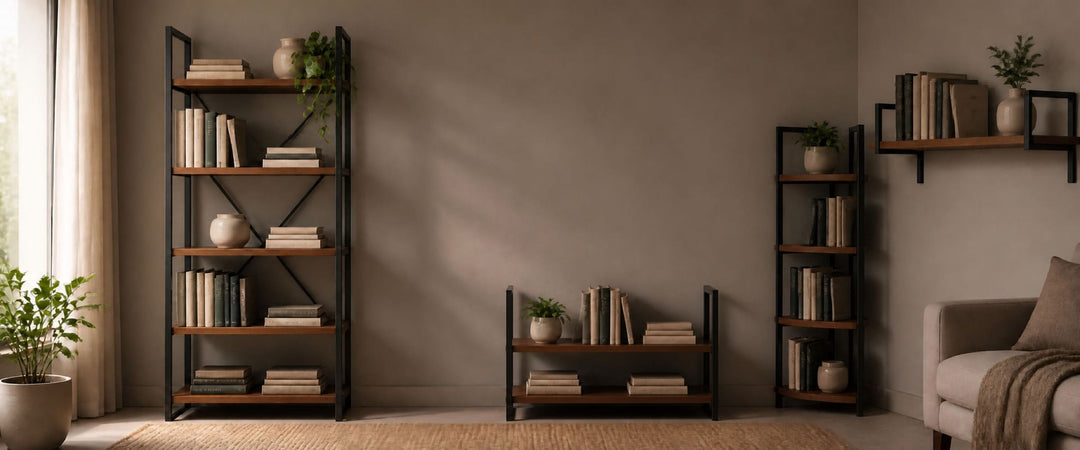 Walnut and black metal bookcase racks arranged in a warm modern living room