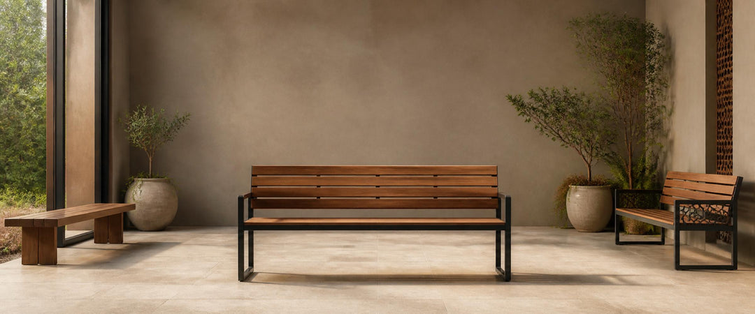 Wood and black metal benches in a warm covered patio