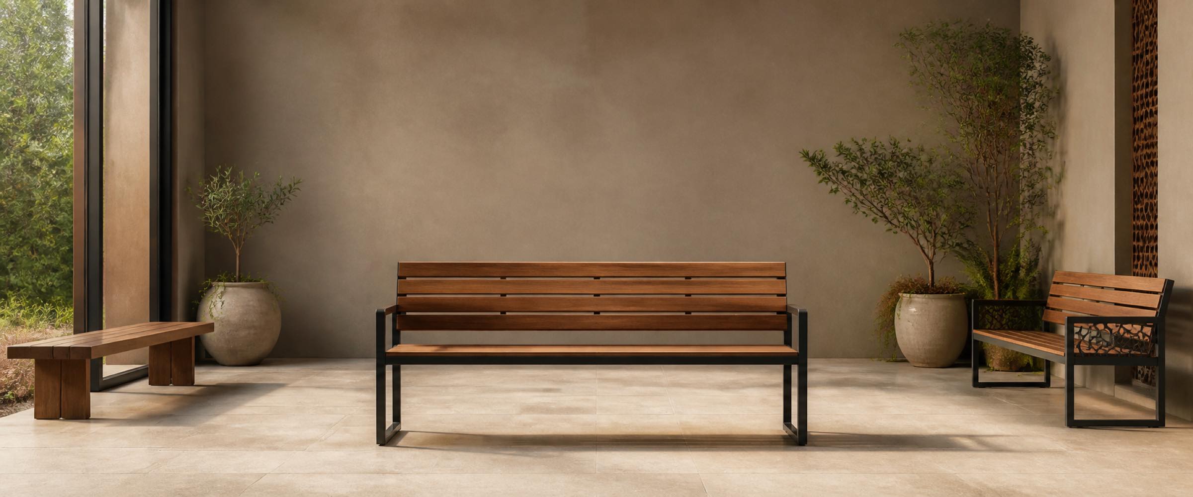 Wood and black metal benches in a warm covered patio