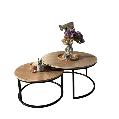 Set of two round nesting tables with wooden tops and black iron frames