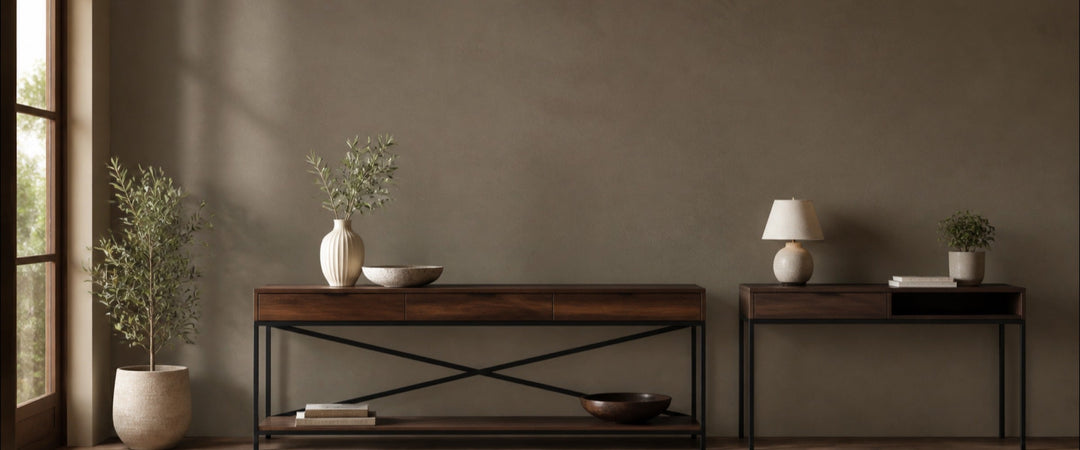Walnut and black metal console tables styled in a warm modern entryway