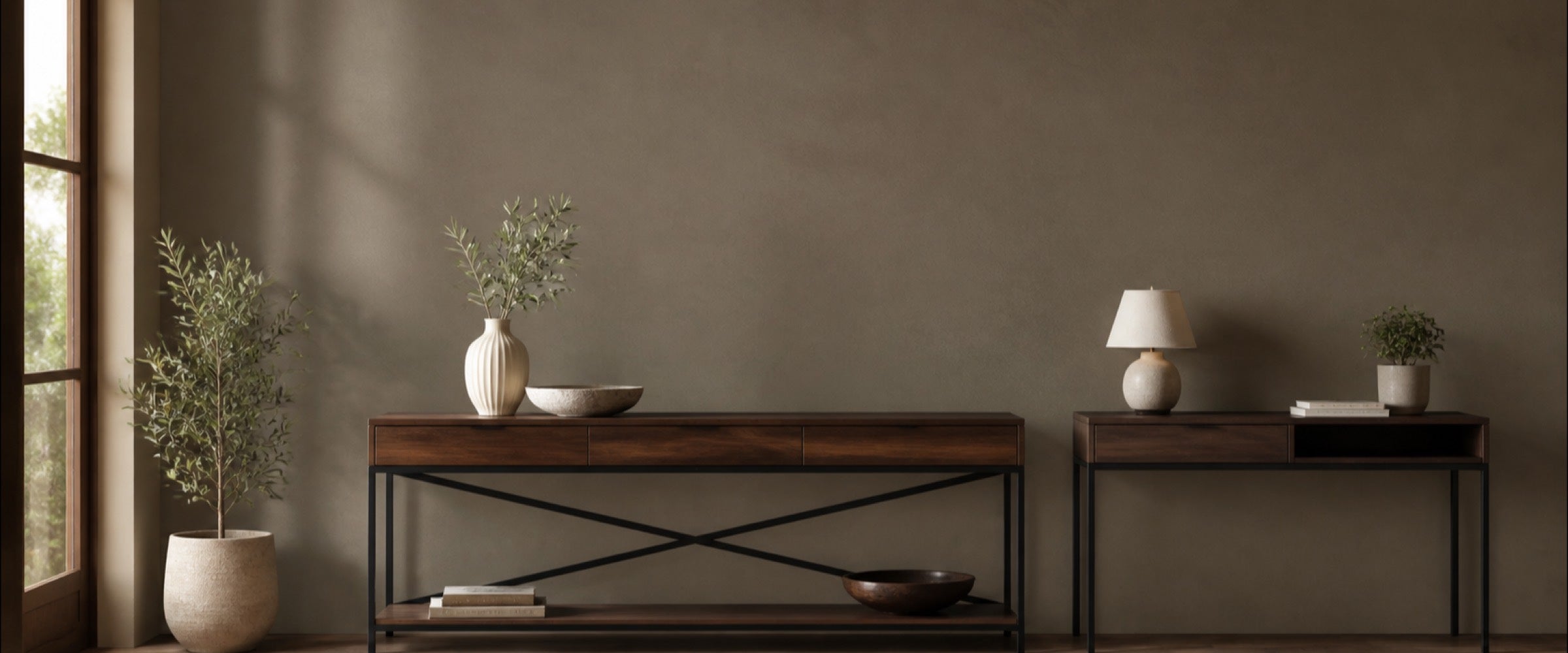 Walnut and black metal console tables styled in a warm modern entryway