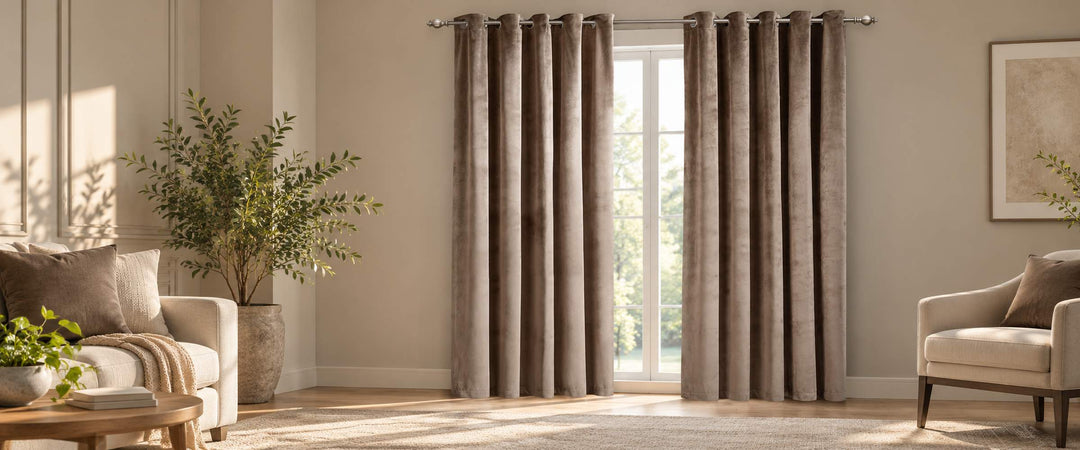 Taupe brown velvet eyelet curtains in a warm neutral sitting room