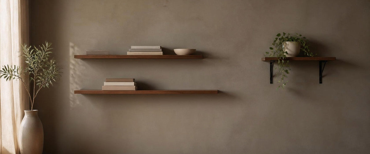 Walnut-tone floating wall shelves styled with books, ceramics and a trailing plant