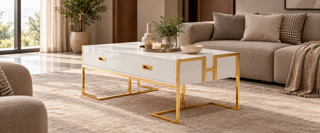 White Jocise coffee table with gold frame and two drawers in a warm neutral living room