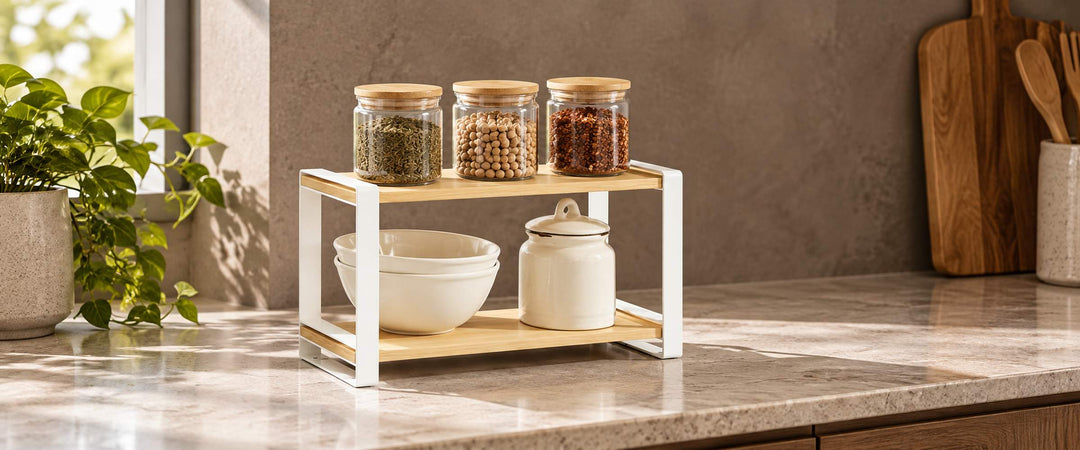 Compact two-tier wood shelf rack with white iron side frames on a neutral kitchen counter