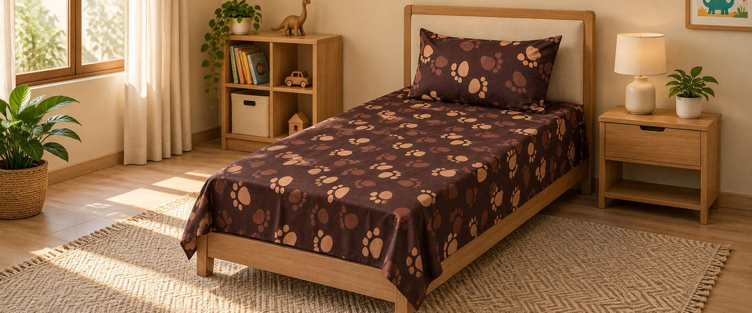 Chocolate brown and tan paw-print single bed sheet with matching pillowcase in a naturally lit child’s bedroom