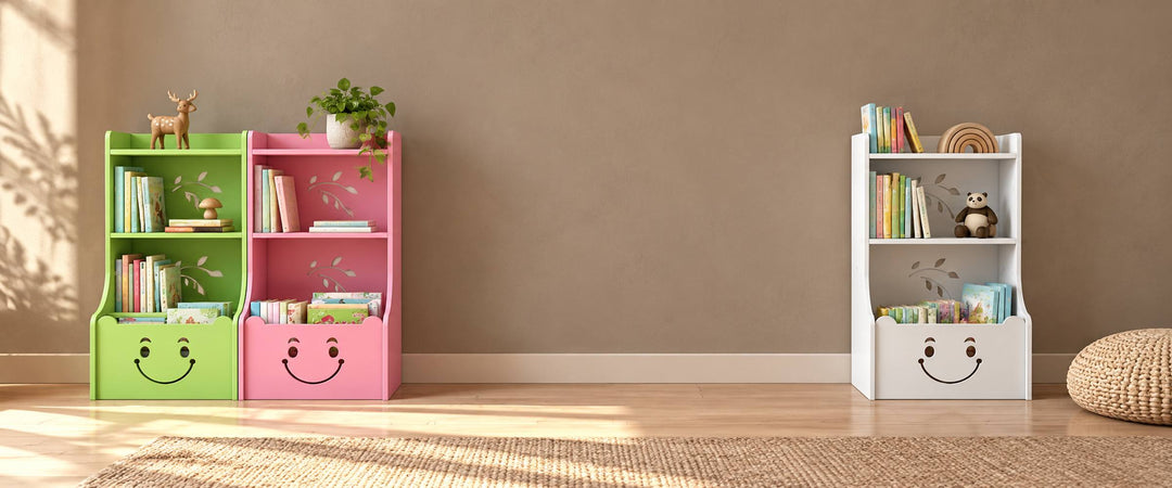 Green, pink and white smile-face children's bookcase storage racks with books in a daylight reading room