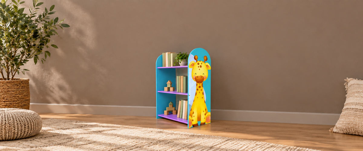 Turquoise and purple giraffe bookcase with three open shelves in a warm neutral children's reading corner