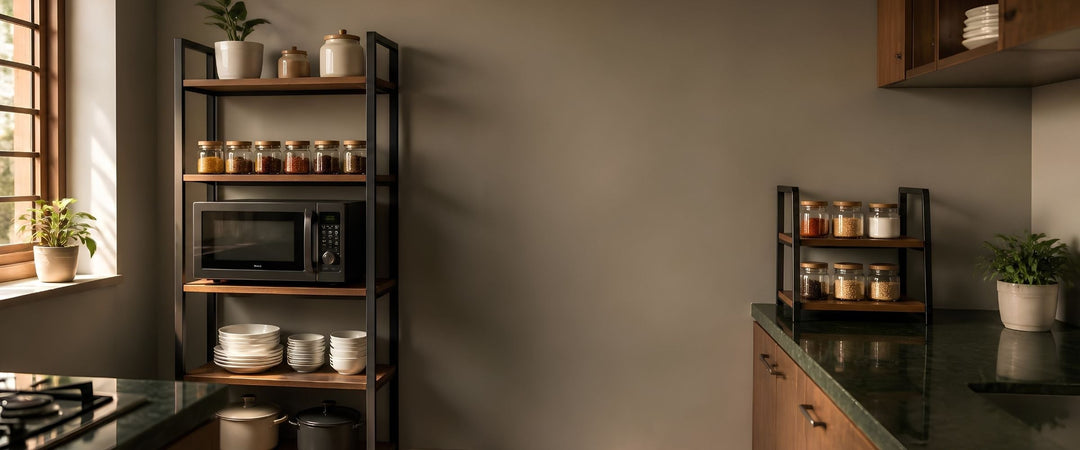 Freestanding black metal and wood kitchen organizer rack holding a microwave, spice jars and stacked plates in a modern kitchen