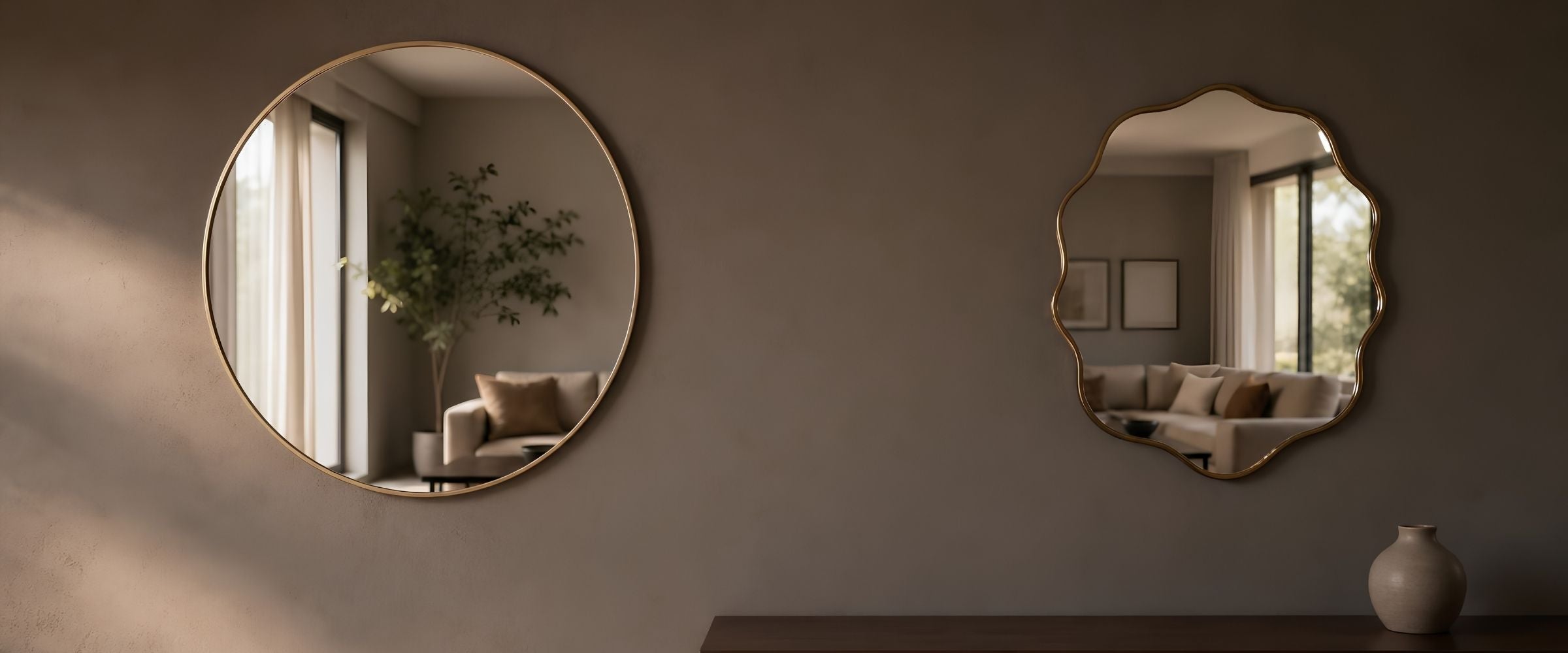 Round and scalloped gold wall mirrors on a warm neutral living room wall above a walnut console