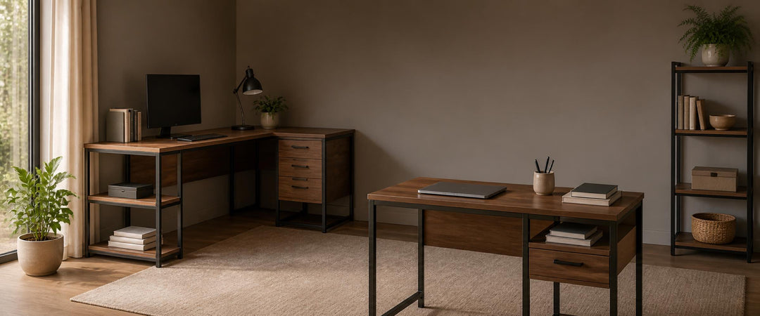 Walnut and black metal office desks and workstations in a modern home office