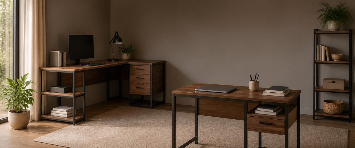 Walnut and black metal office desks and workstations in a modern home office