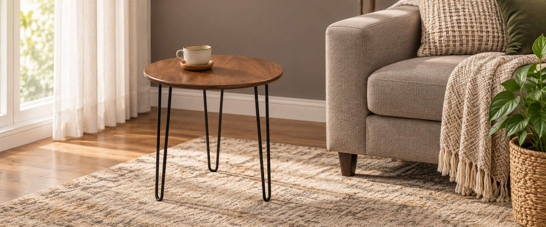 Round walnut-tone side table with three black hairpin legs beside a taupe armchair in a naturally lit living room