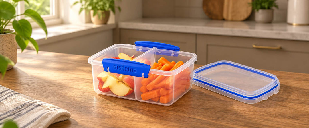Clear Sistema split food container with blue clips and detached lid on a kitchen counter