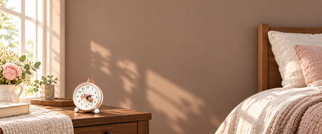 White floral alarm clock with rose-gold rim on a wooden bedside table in a daylight bedroom