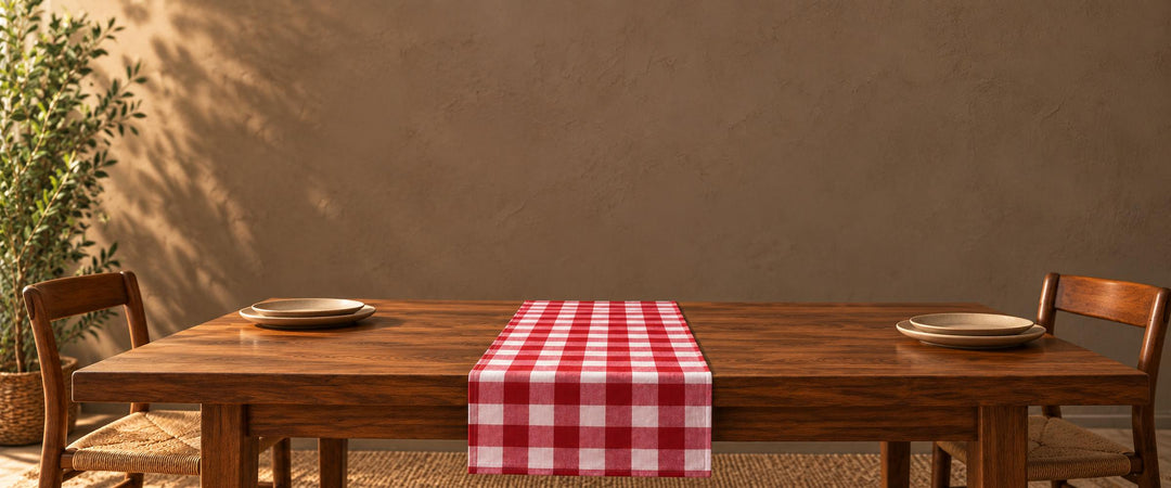 Red and white Alunae gingham cotton table runner on a walnut dining table in a naturally lit neutral room