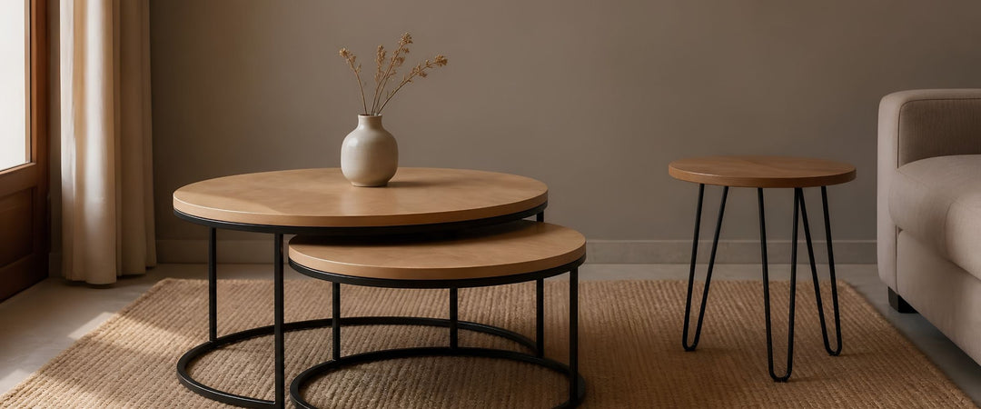 Round nesting coffee tables with oak tops and black iron frames on a jute rug beside a hairpin side table