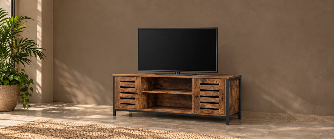 Rustic brown TV console with two louvered doors, central open shelves and black metal legs in a warm neutral lounge