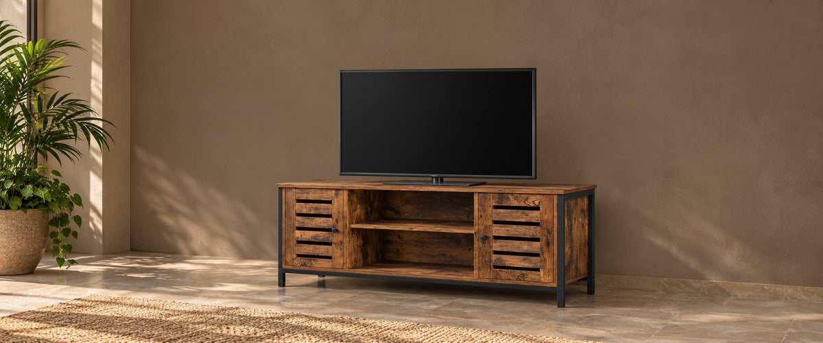 Rustic brown TV console with two louvered doors, central open shelves and black metal legs in a warm neutral lounge