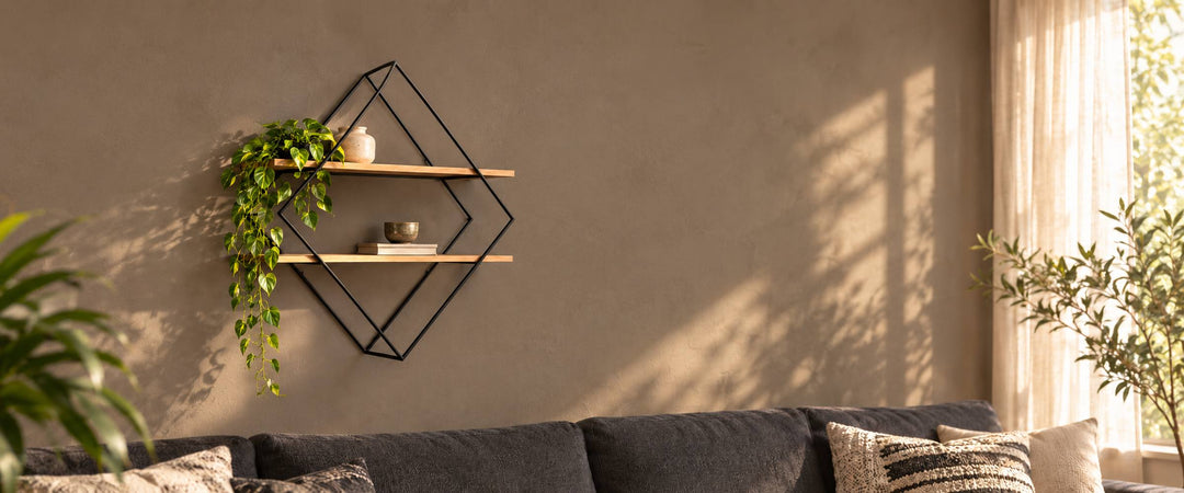 Black diamond metal wall shelf with two wooden shelves and a trailing plant above a sofa in a naturally lit living room
