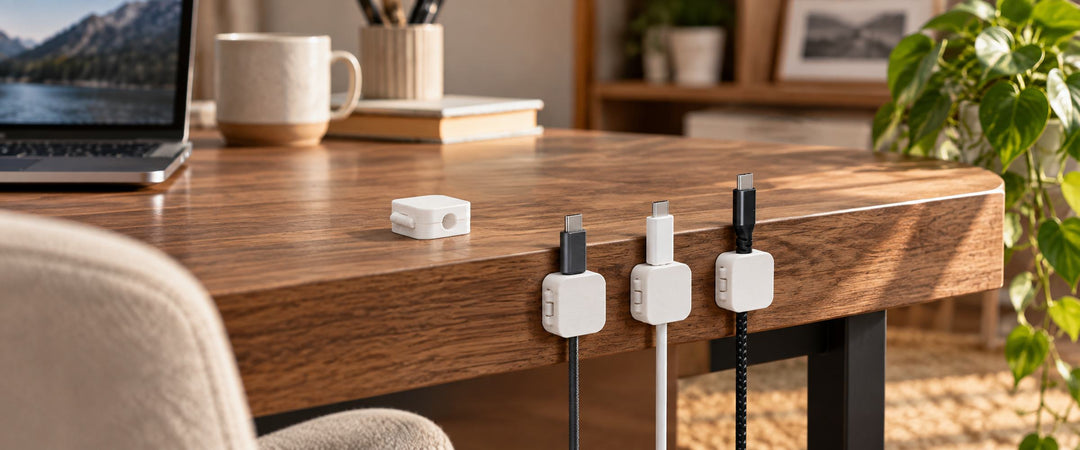 Four white 3D-printed hinged cable organizer clips on a wooden desk in a naturally lit home office