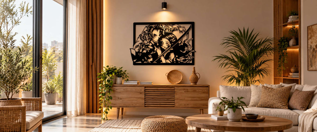 Black Tanjiro and Nezuko cutout wall artwork above a wooden sideboard in a naturally lit living room