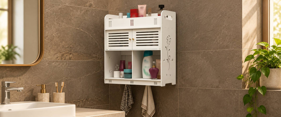 White slatted wall-mounted bathroom cabinet with open cubbies above a basin in a warm tiled bathroom