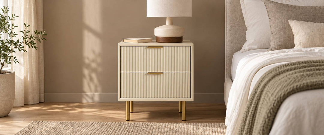 Cream two-drawer fluted Quinn nightstand with gold handles and legs beside a neutral bed