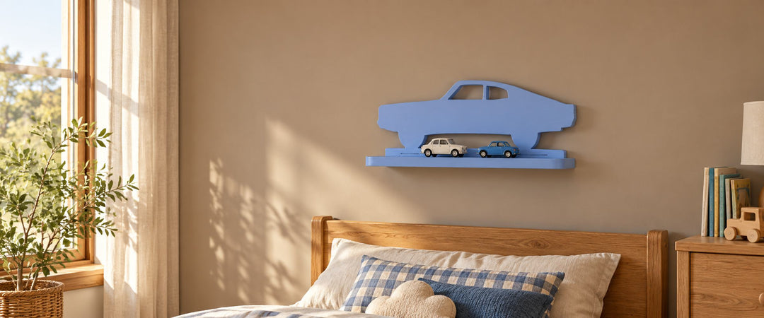 Blue Mustang car-shaped floating shelf displaying toy cars in a naturally lit bedroom