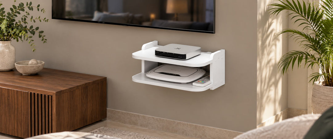 White single-compartment floating Wi-Fi shelf beneath a television in a warm neutral living room