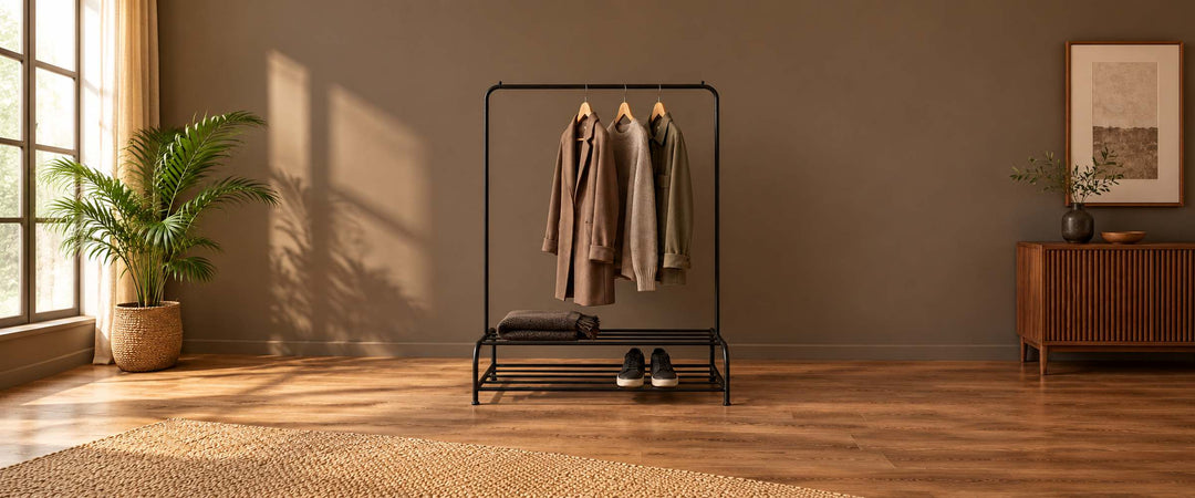 Black Hawkes garment rack with two shoe shelves in a warm daylit room