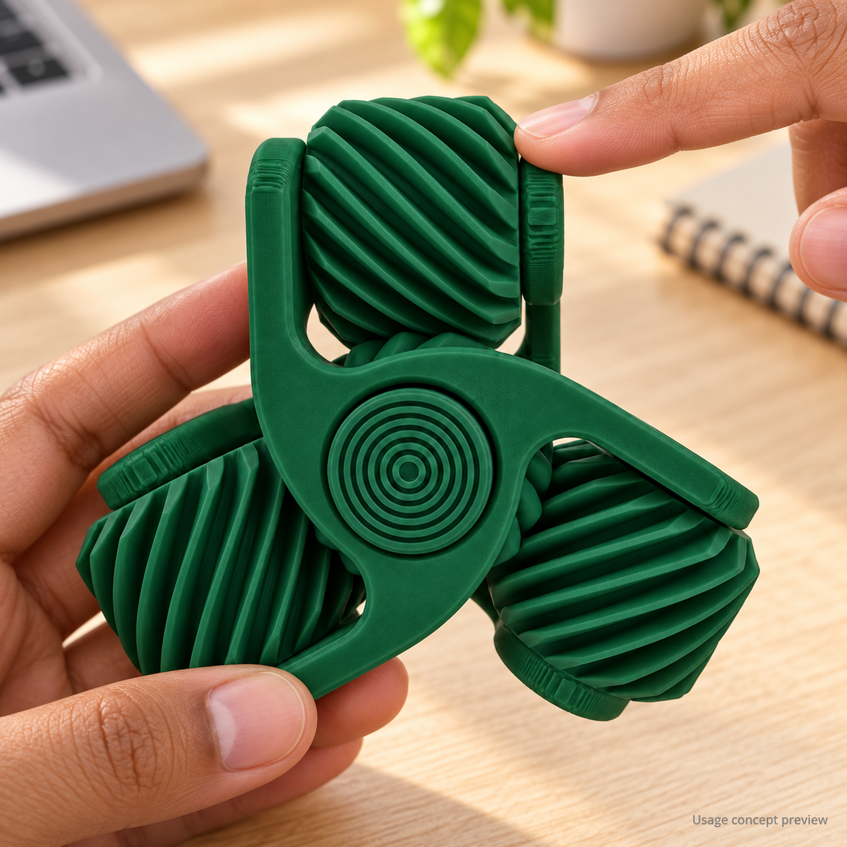 Dark green mechanical gear fidget spinner, illustrative usage concept