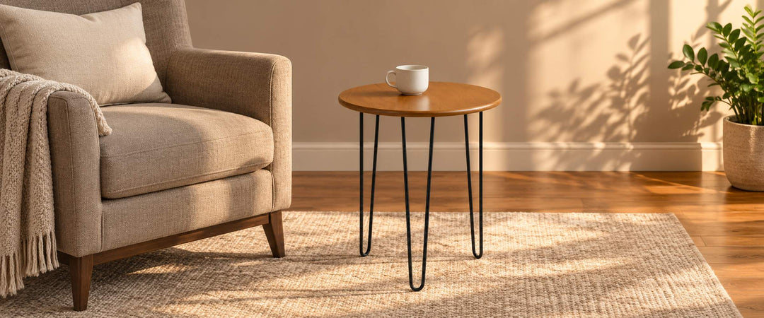 Round brown side table with three black hairpin legs beside a taupe armchair