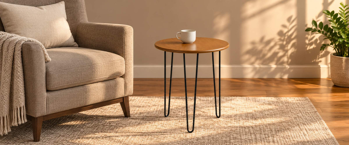 Round brown side table with three black hairpin legs beside a taupe armchair