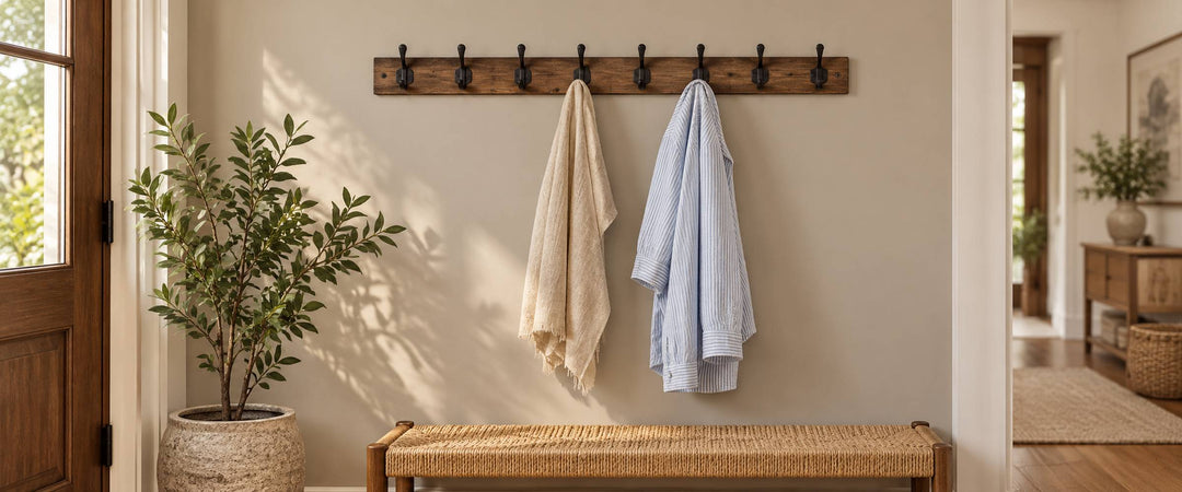 Eight-hook rustic wood wall coat hanger with a scarf and shirt in a daylight entryway