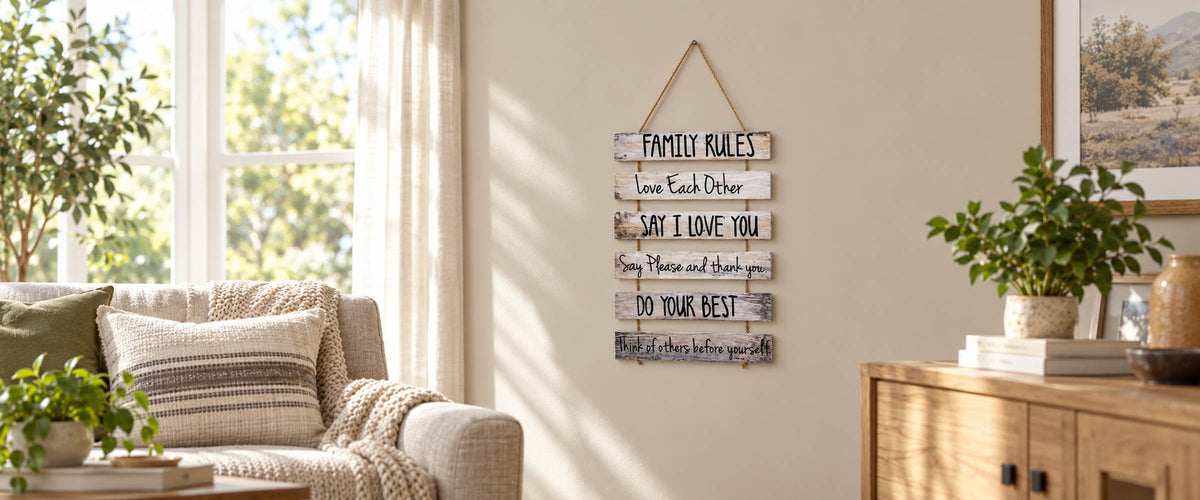 Six-slat Family Rules wooden wall hanging in a warm naturally lit living room