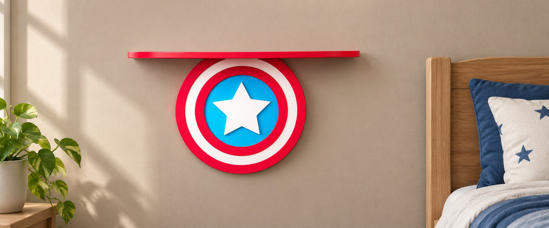 Red, white and blue Captain America shield floating shelf on a warm neutral bedroom wall